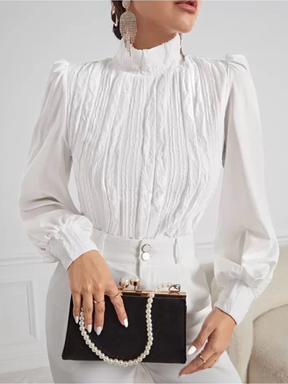 SHEIN White High-Neck Puff Sleeve Blouse - Picture 2 of 3